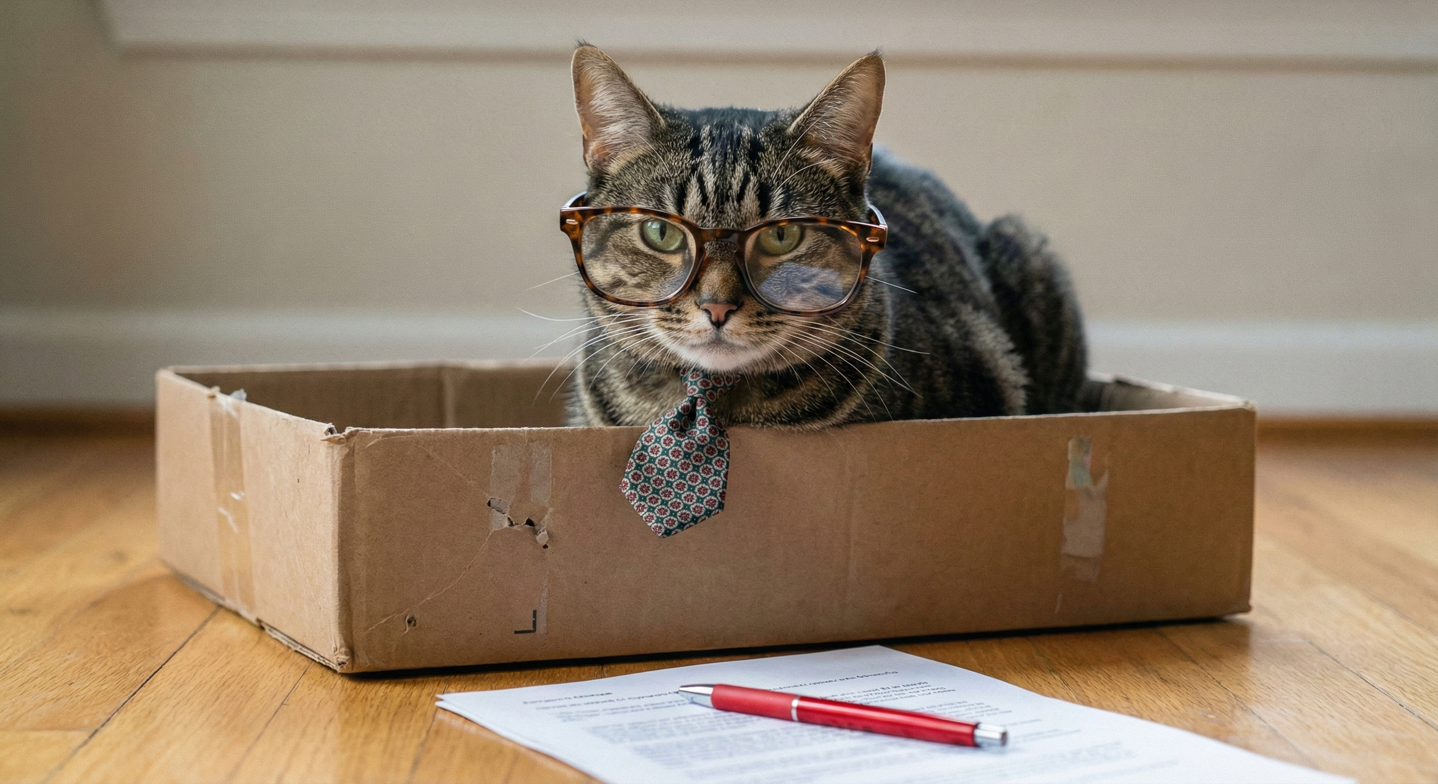 Lawyer cat in a cardboard box